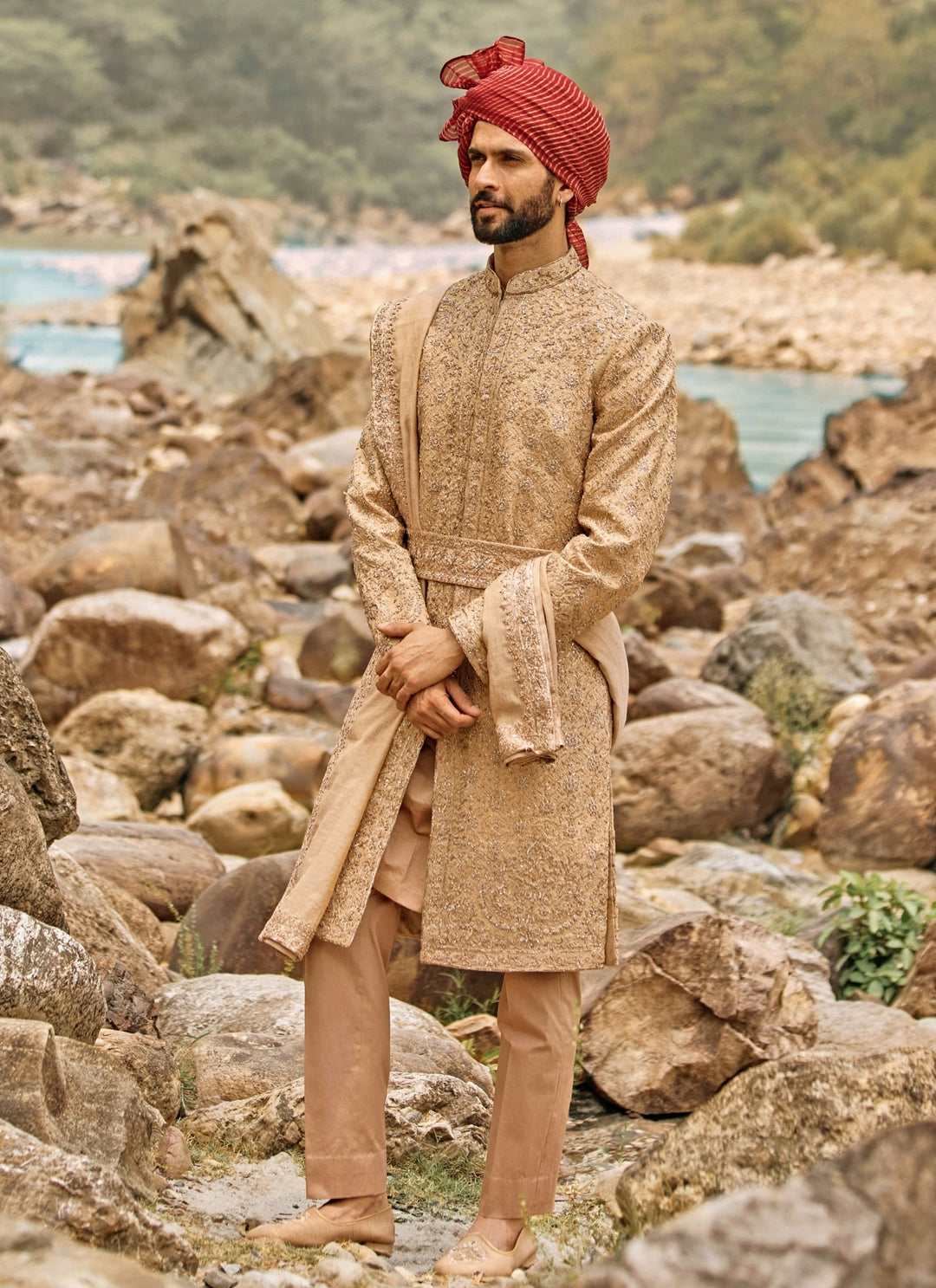 Mocha Brown Raw Silk Sherwani Set
