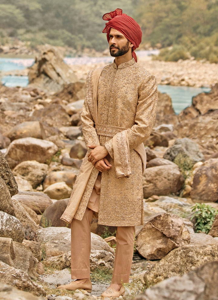 Mocha Brown Raw Silk Sherwani Set