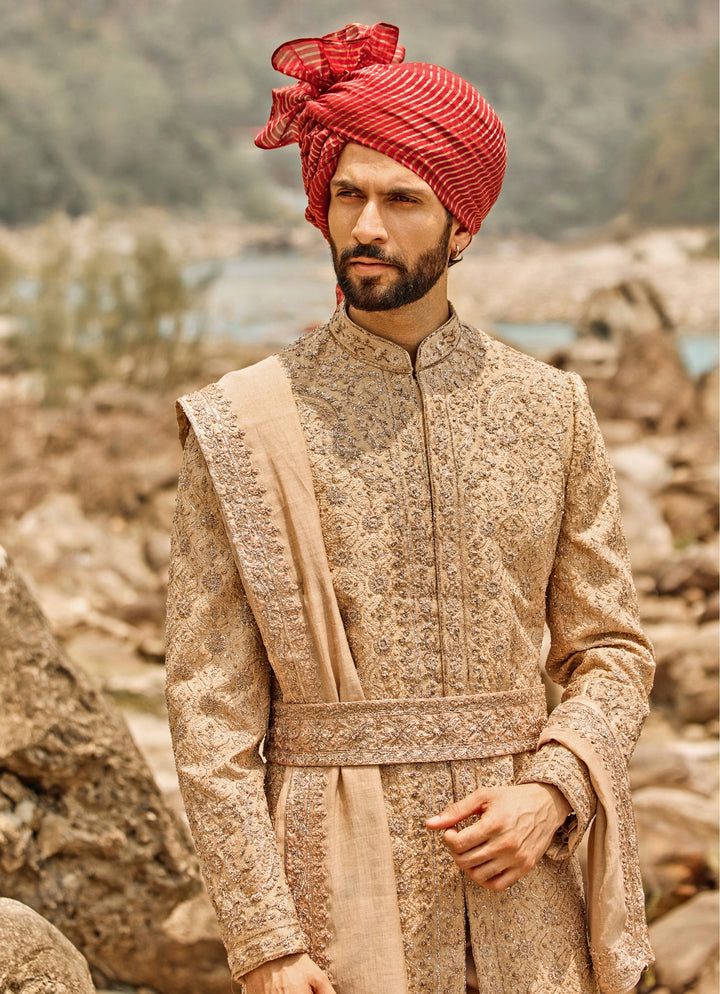 Mocha Brown Raw Silk Sherwani Set