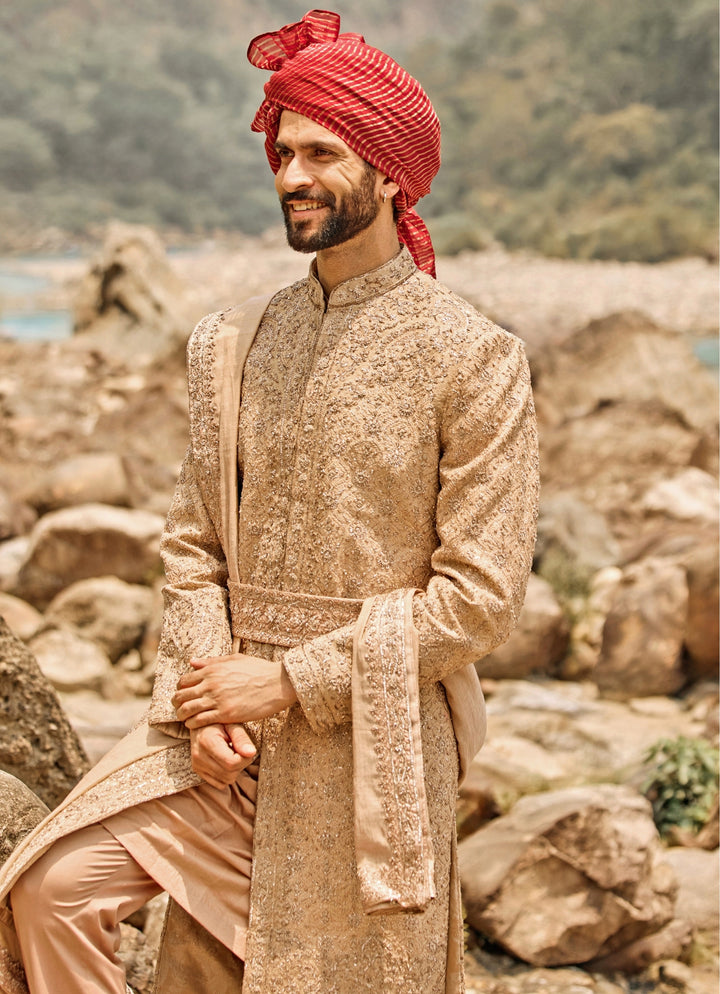 Mocha Brown Raw Silk Sherwani Set