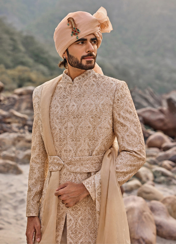 Beige Gold Raw Silk Sherwani Set