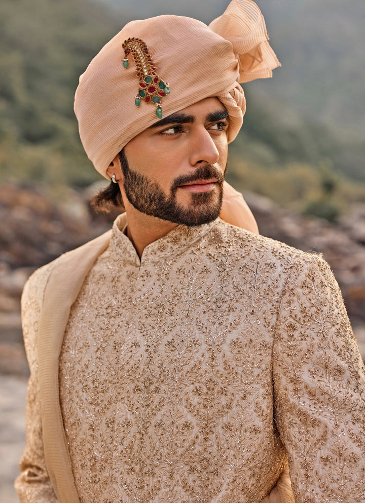Beige Gold Raw Silk Sherwani Set