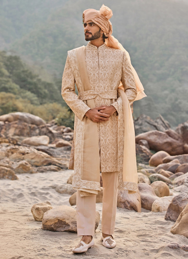 Beige Gold Raw Silk Sherwani Set