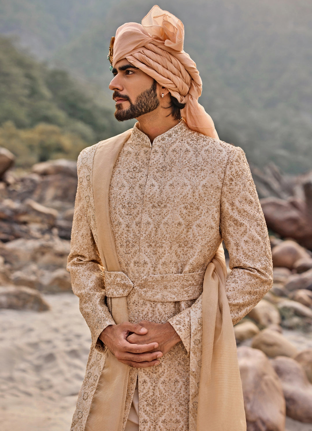 Beige Gold Raw Silk Sherwani Set