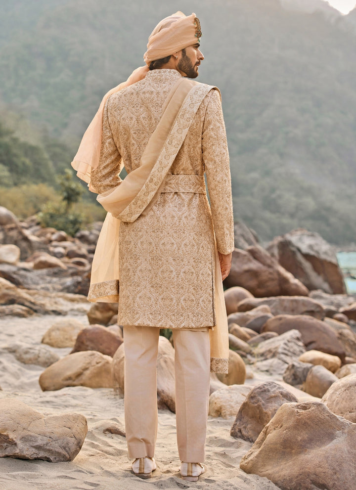 Beige Gold Raw Silk Sherwani Set