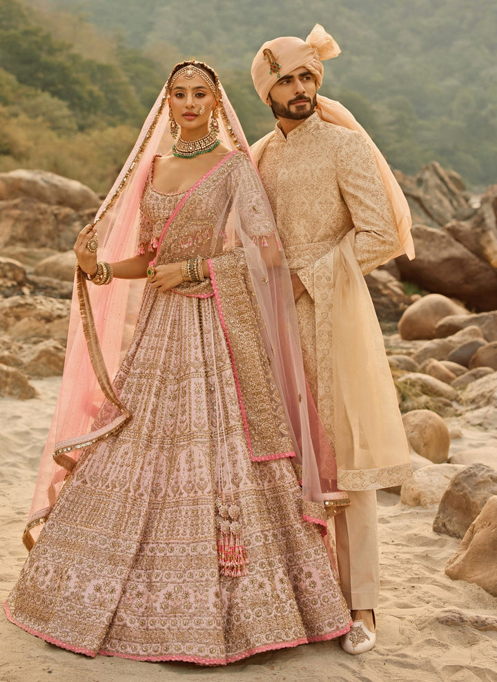 Beige Gold Raw Silk Sherwani Set
