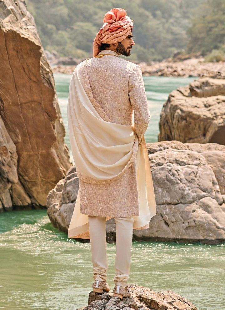 Blush Pink Raw Silk Sherwani Set