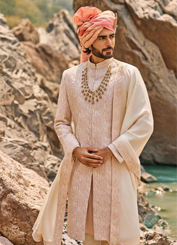 Blush Pink Raw Silk Sherwani Set