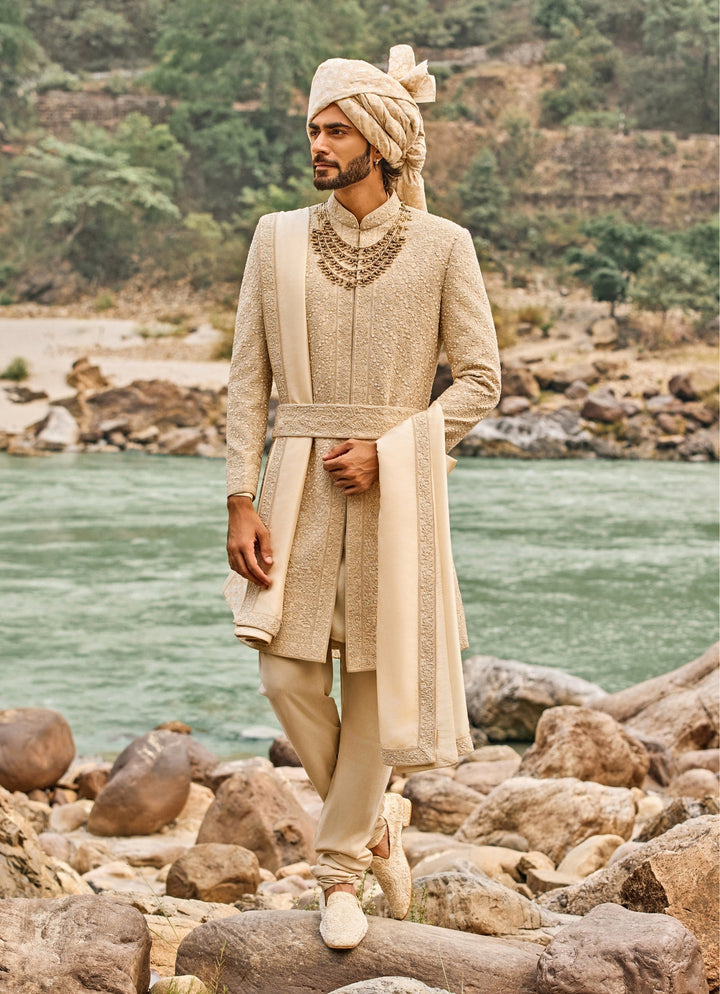Royal Beige Raw Silk Sherwani Set