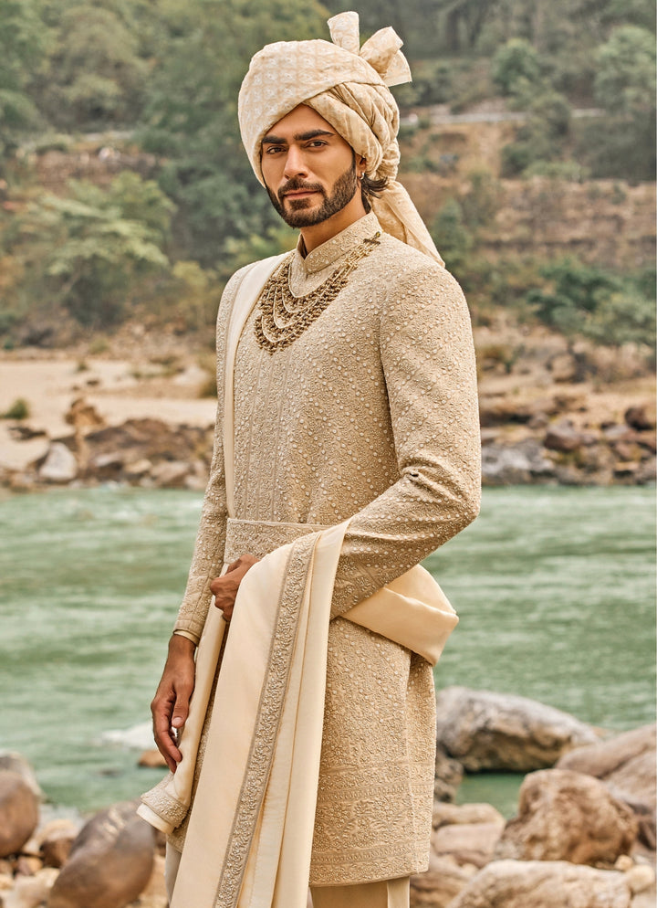 Royal Beige Raw Silk Sherwani Set