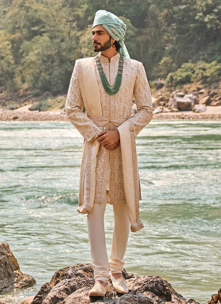 Ivory Matka Silk Sherwani Set