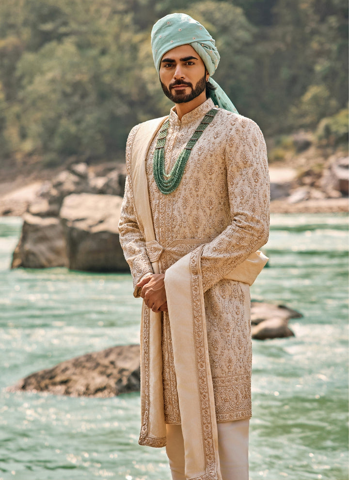 Ivory Matka Silk Sherwani Set
