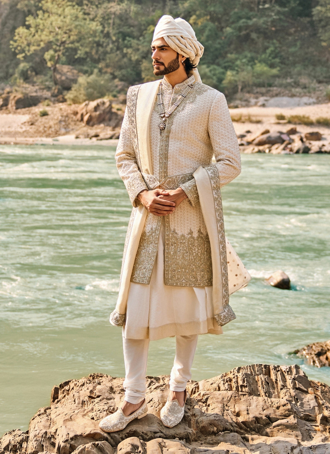 Ivory and Gold Raw Silk Sherwani Set