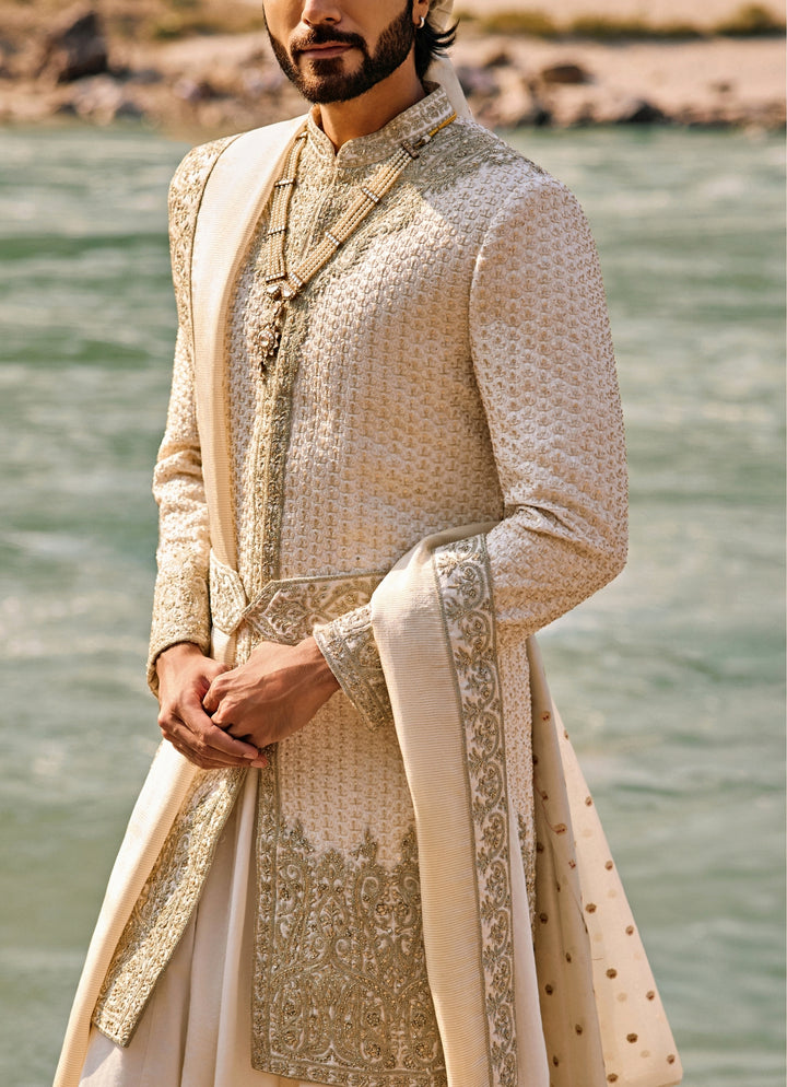 Ivory and Gold Raw Silk Sherwani Set