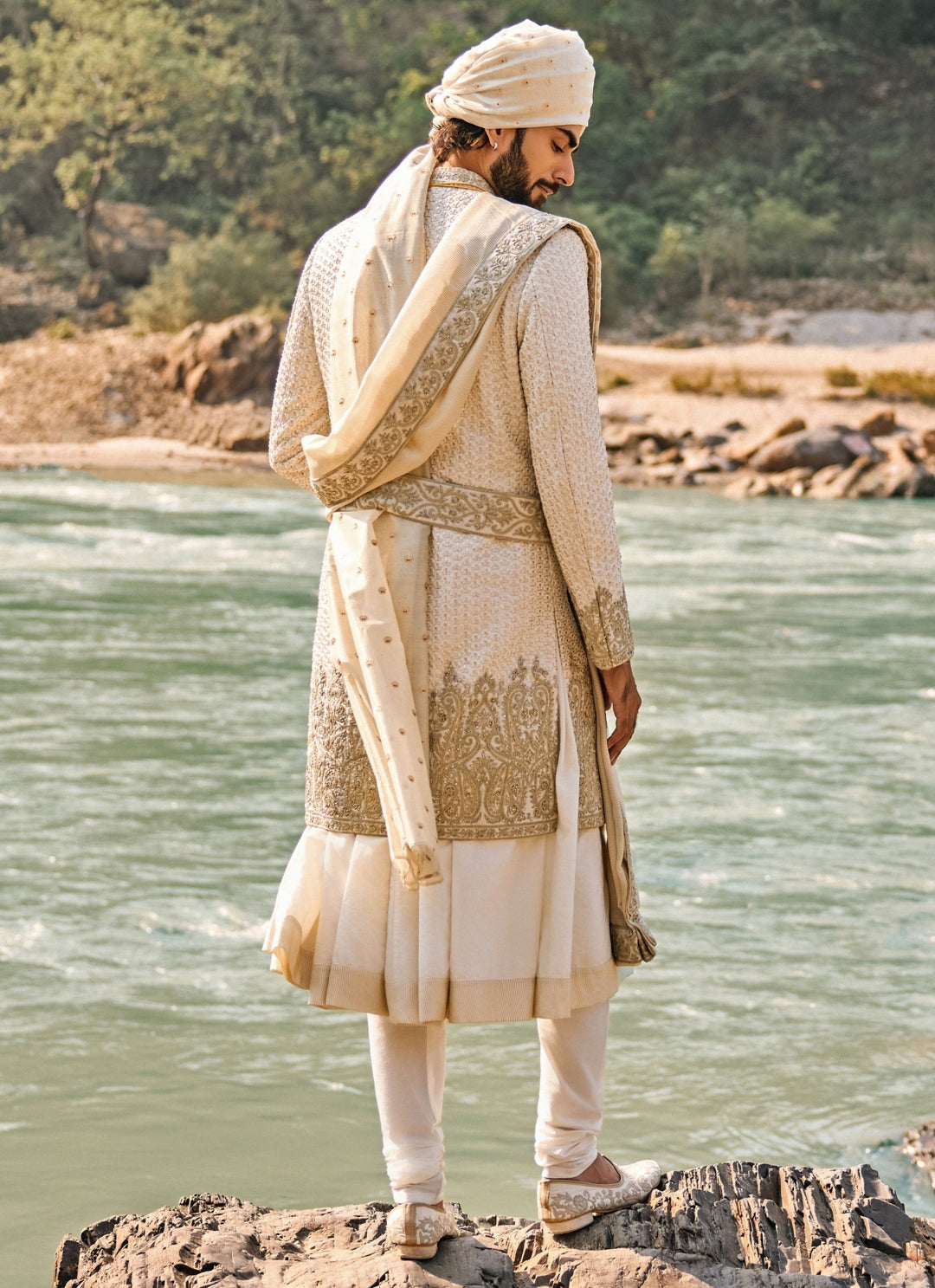 Ivory and Gold Raw Silk Sherwani Set