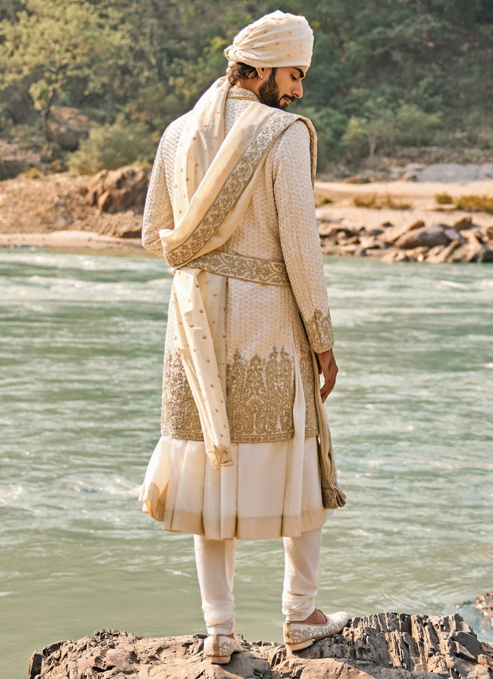 Ivory and Gold Raw Silk Sherwani Set