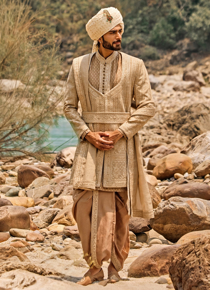 Mocha Brown Raw Silk Sherwani Set with Dhoti Pants