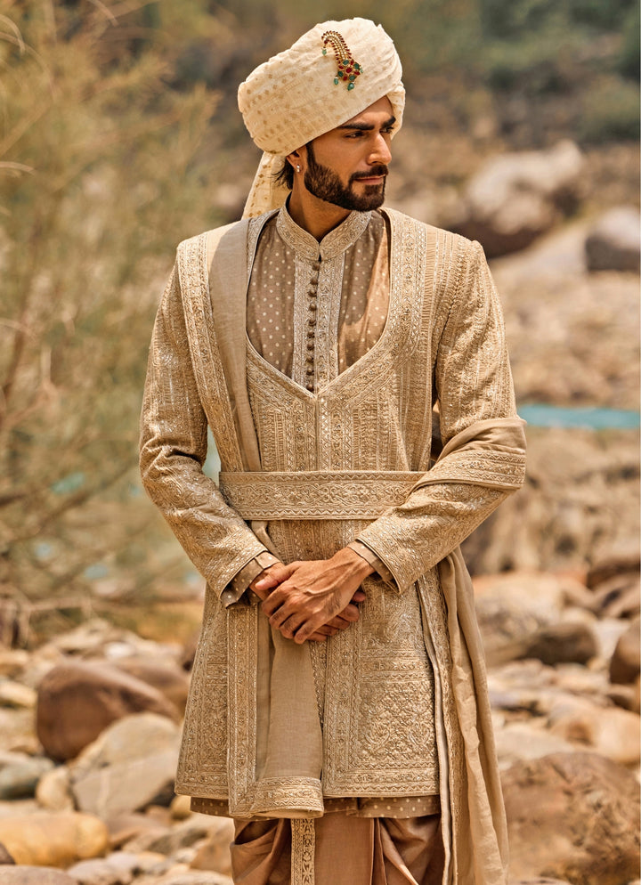 Mocha Brown Raw Silk Sherwani Set with Dhoti Pants