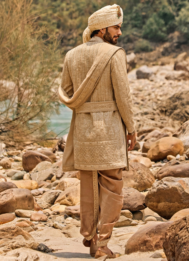 Mocha Brown Raw Silk Sherwani Set with Dhoti Pants