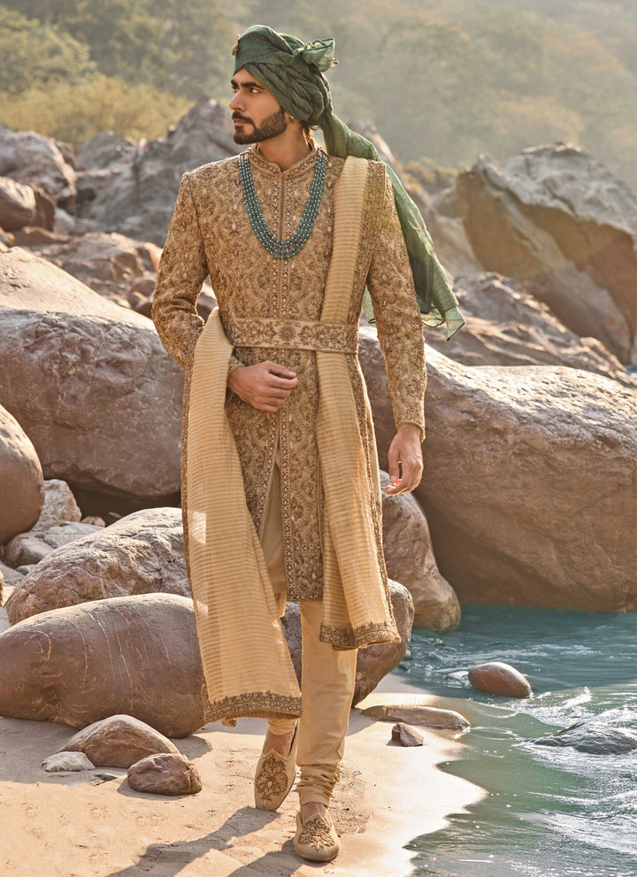 Greenish Gold Matka Silk Sherwani Set