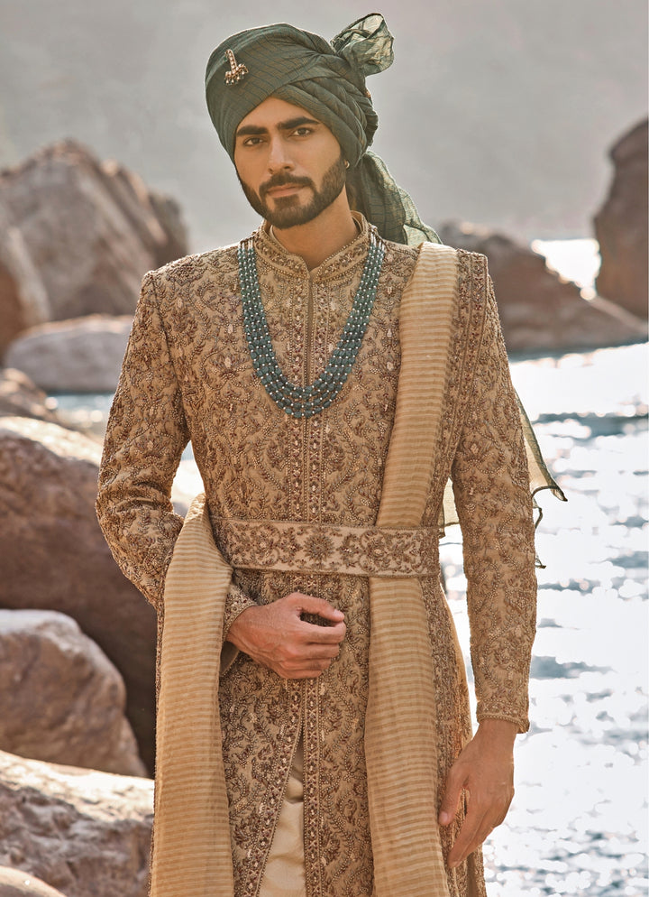 Greenish Gold Matka Silk Sherwani Set