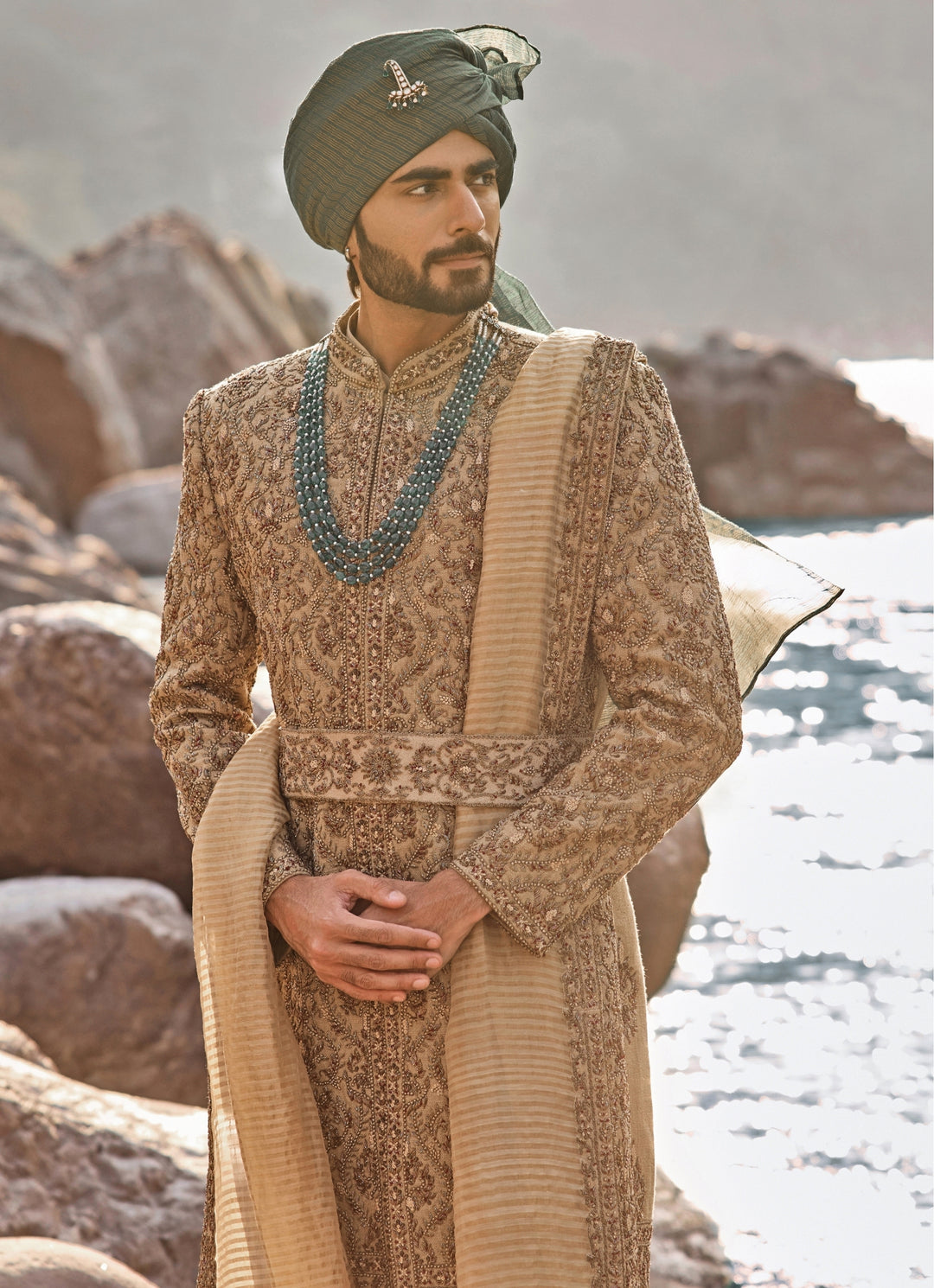 Greenish Gold Matka Silk Sherwani Set
