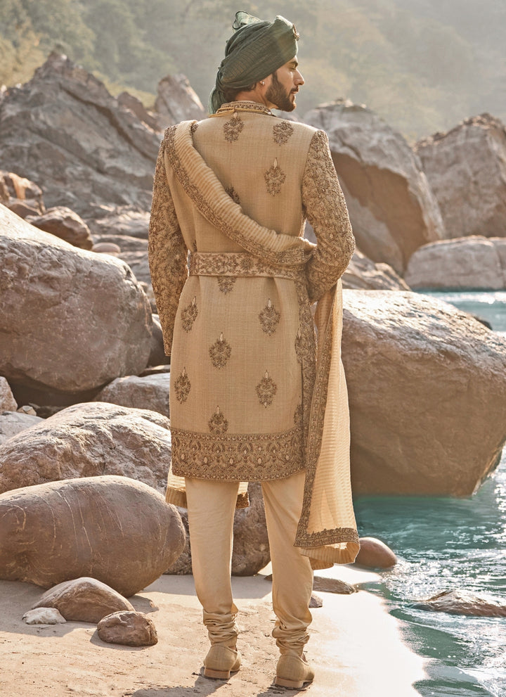 Greenish Gold Matka Silk Sherwani Set