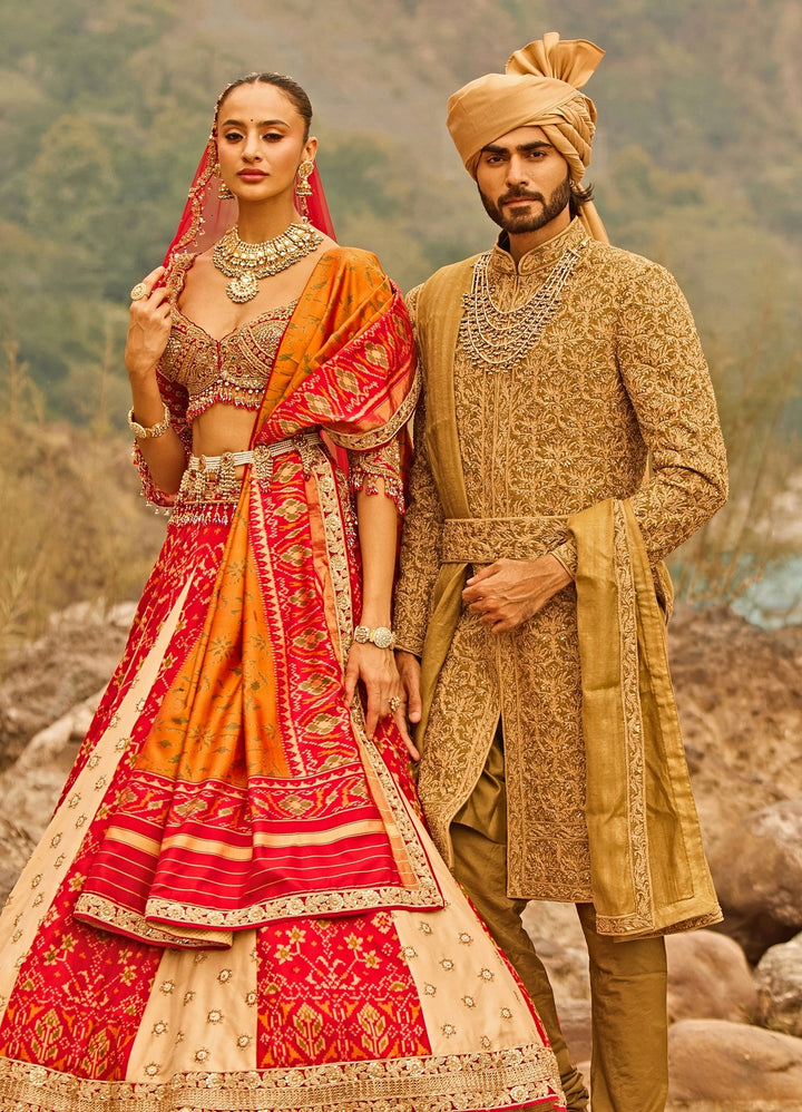 Greenish Gold Raw Silk Sherwani Set
