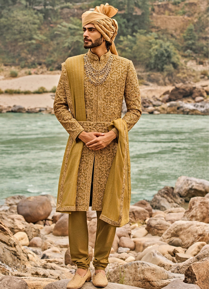 Greenish Gold Raw Silk Sherwani Set