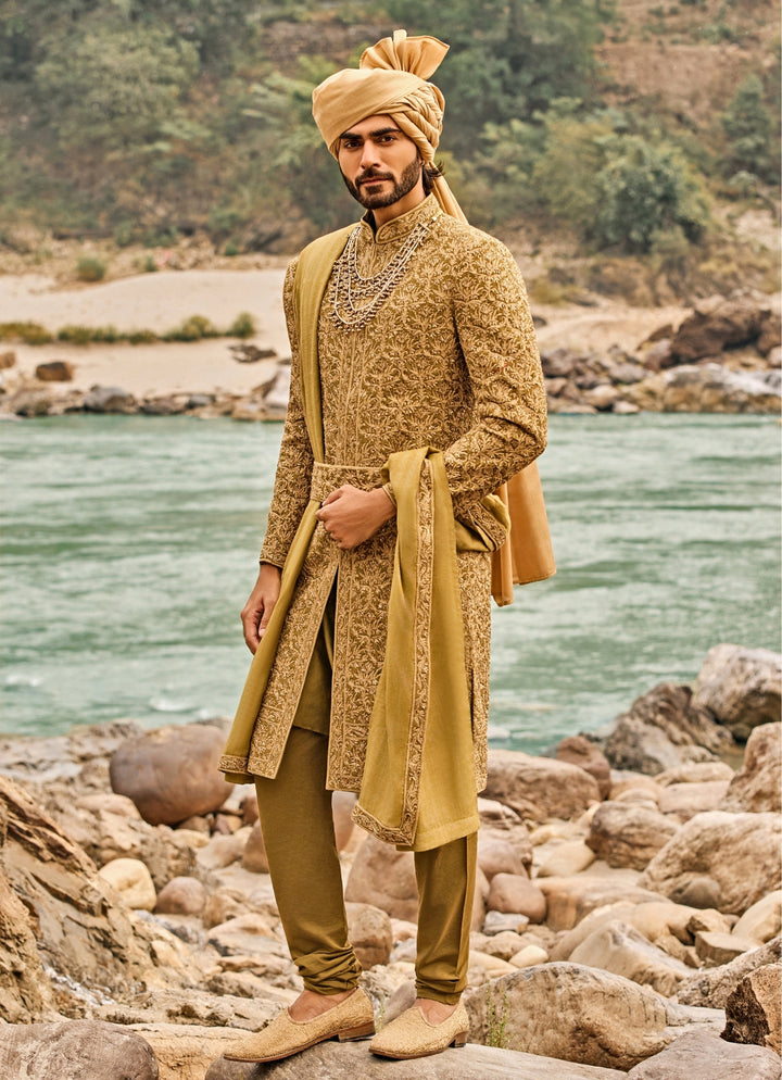 Greenish Gold Raw Silk Sherwani Set