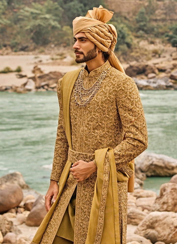 Greenish Gold Raw Silk Sherwani Set