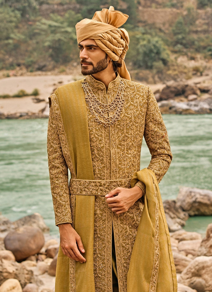 Greenish Gold Raw Silk Sherwani Set