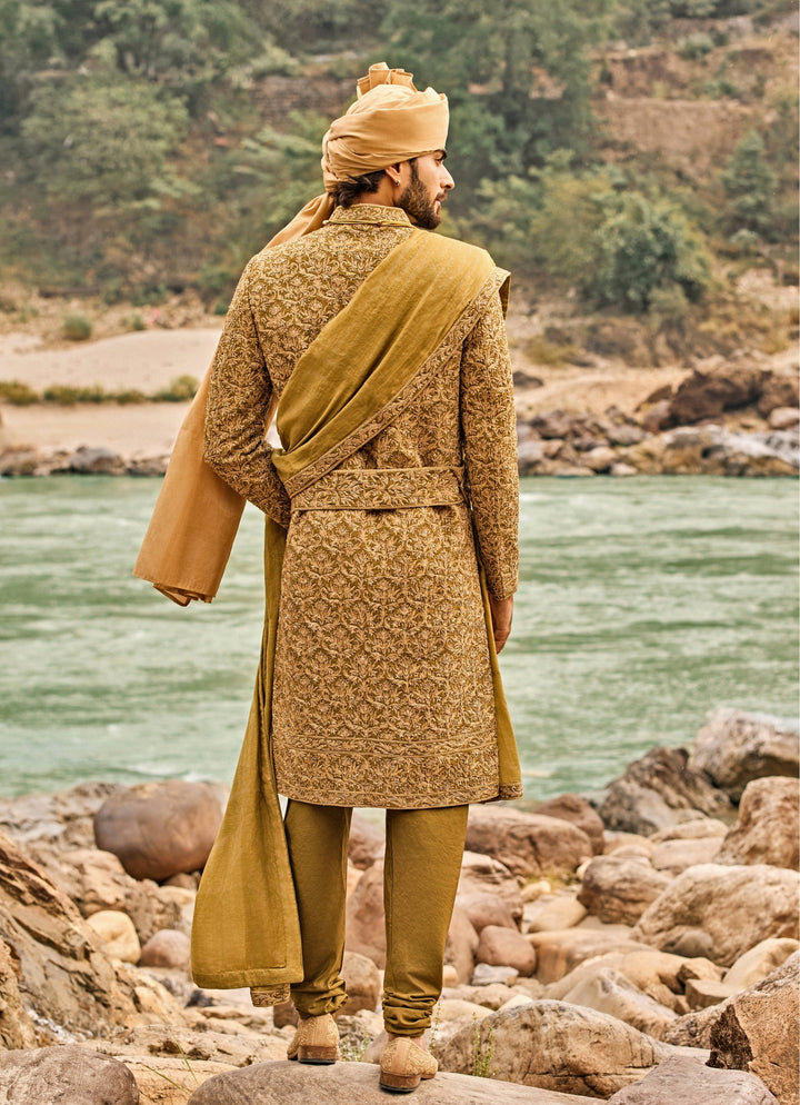 Greenish Gold Raw Silk Sherwani Set