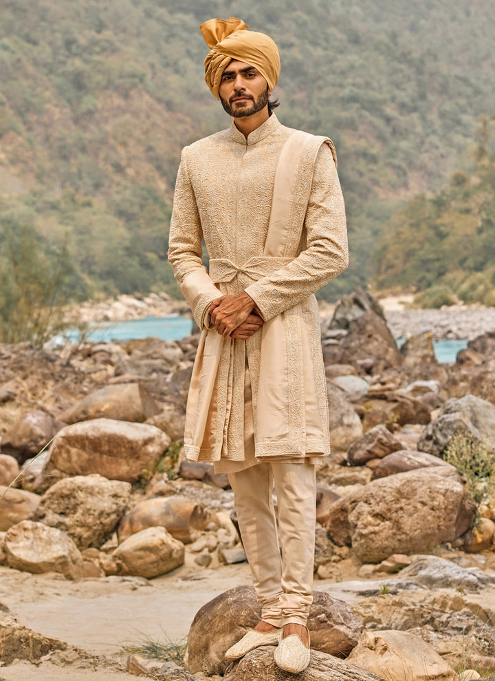 Soft Peach Raw Silk Sherwani Set