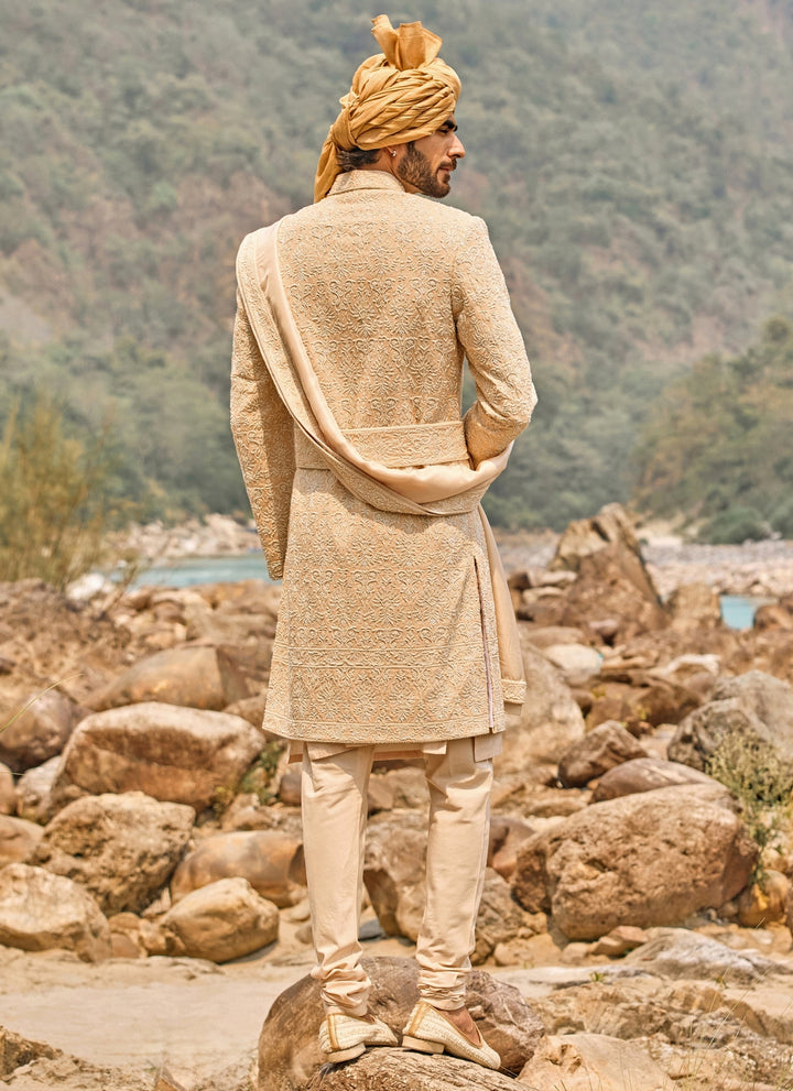 Soft Peach Raw Silk Sherwani Set