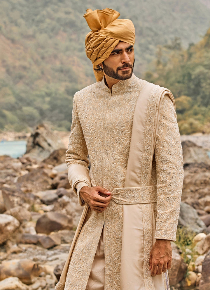 Soft Peach Raw Silk Sherwani Set