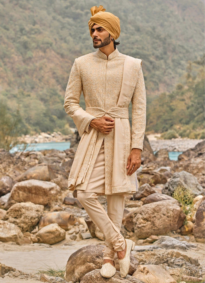 Soft Peach Raw Silk Sherwani Set