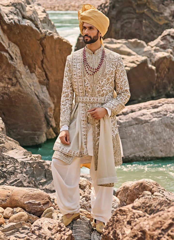 Ivory Embroidered Raw Silk Sherwani Set