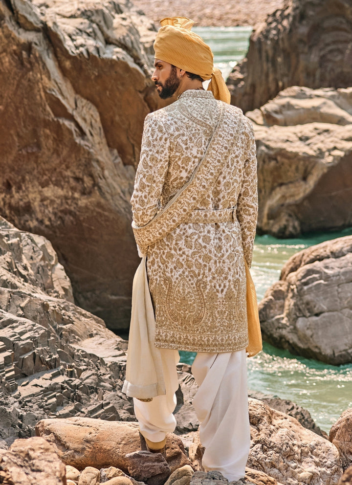 Ivory Embroidered Raw Silk Sherwani Set