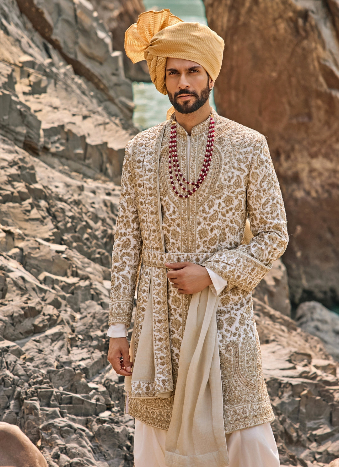 Ivory Embroidered Raw Silk Sherwani Set