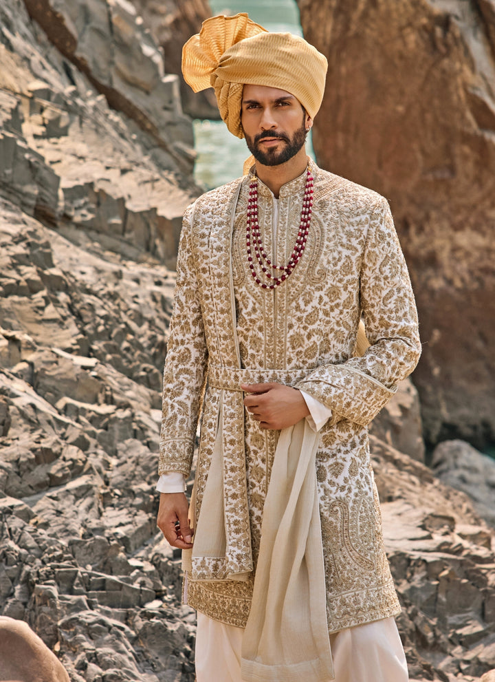 Ivory Embroidered Raw Silk Sherwani Set