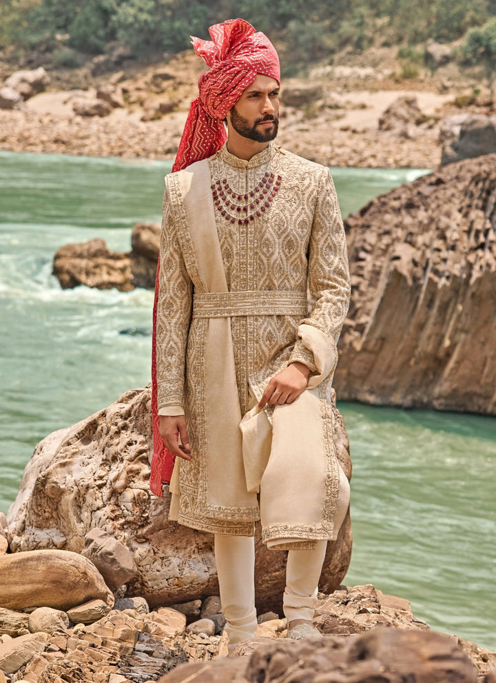 Muted Beige Raw Silk Sherwani Set