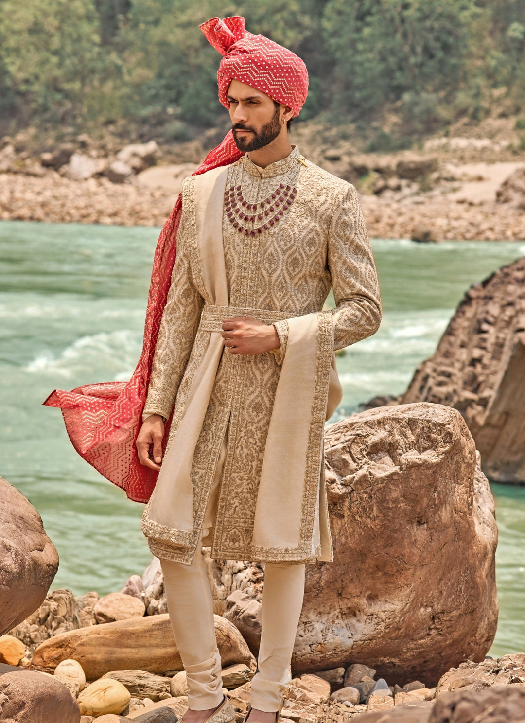 Muted Beige Raw Silk Sherwani Set