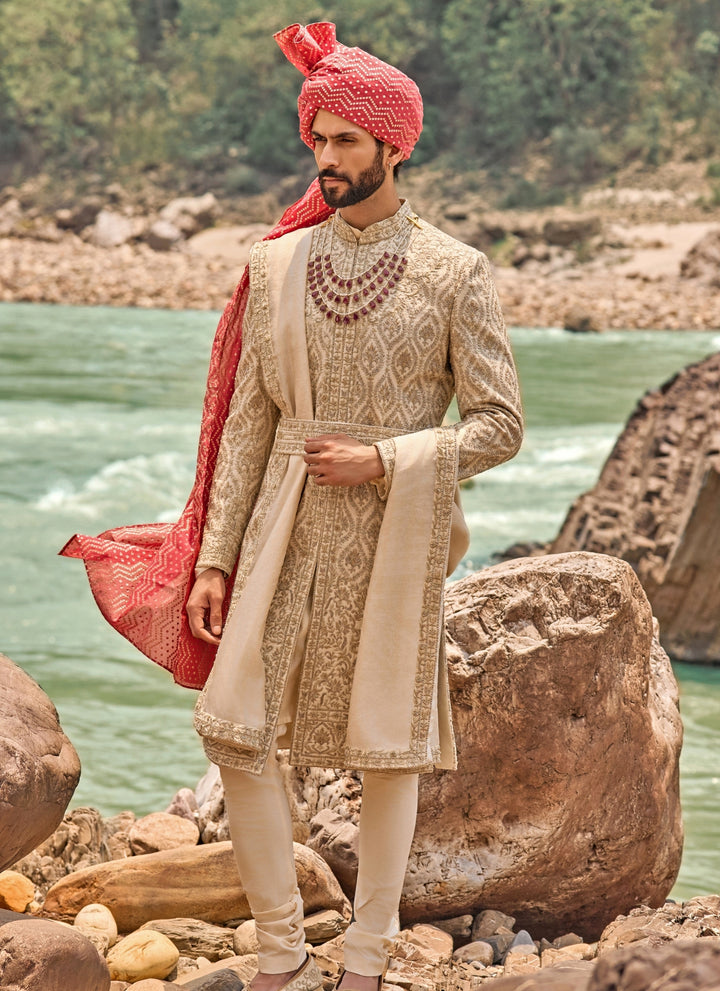 Muted Beige Raw Silk Sherwani Set