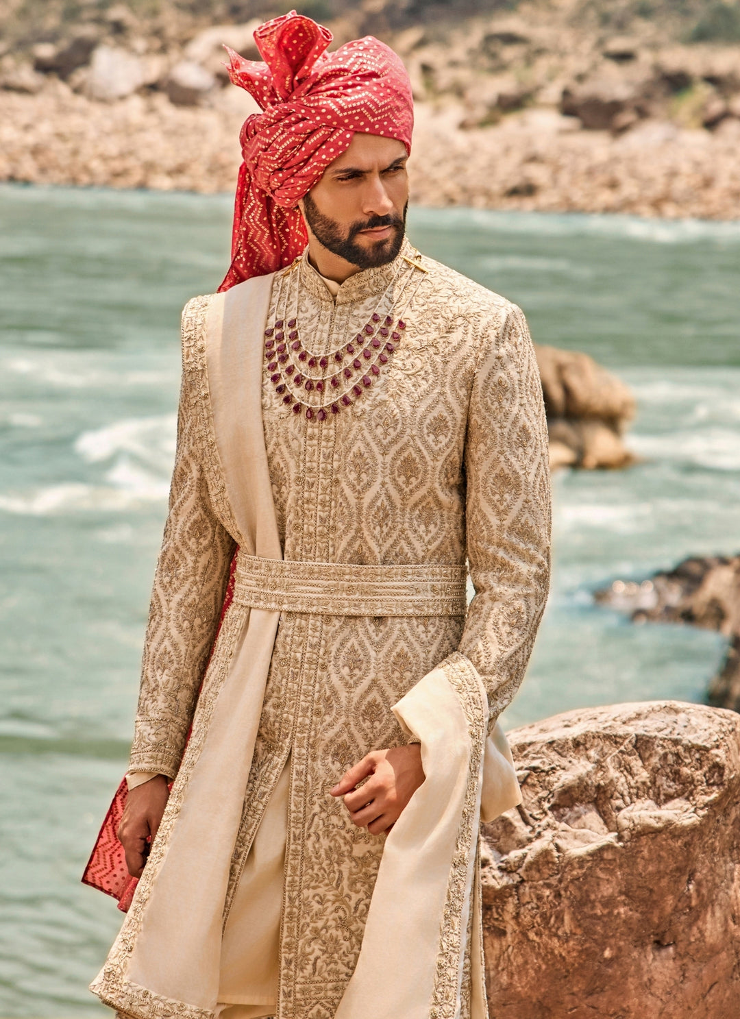 Muted Beige Raw Silk Sherwani Set