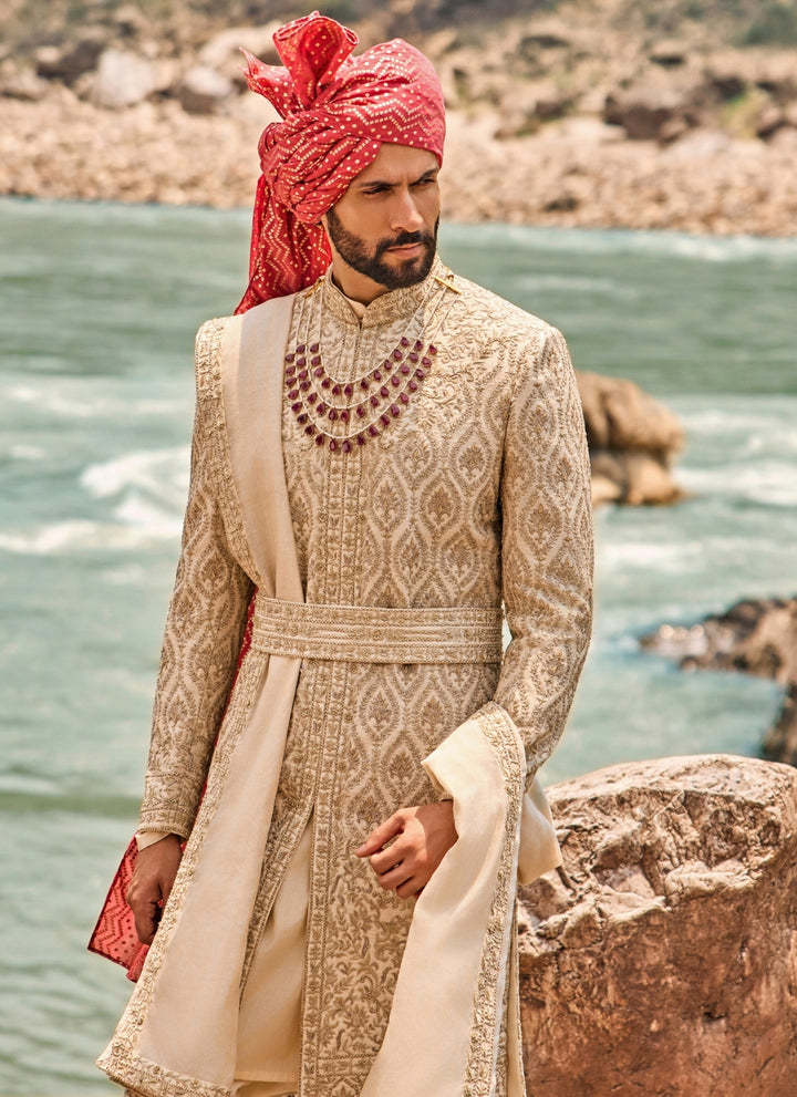 Muted Beige Raw Silk Sherwani Set