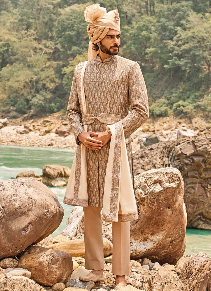 Coffee Brown Raw Silk Sherwani Set