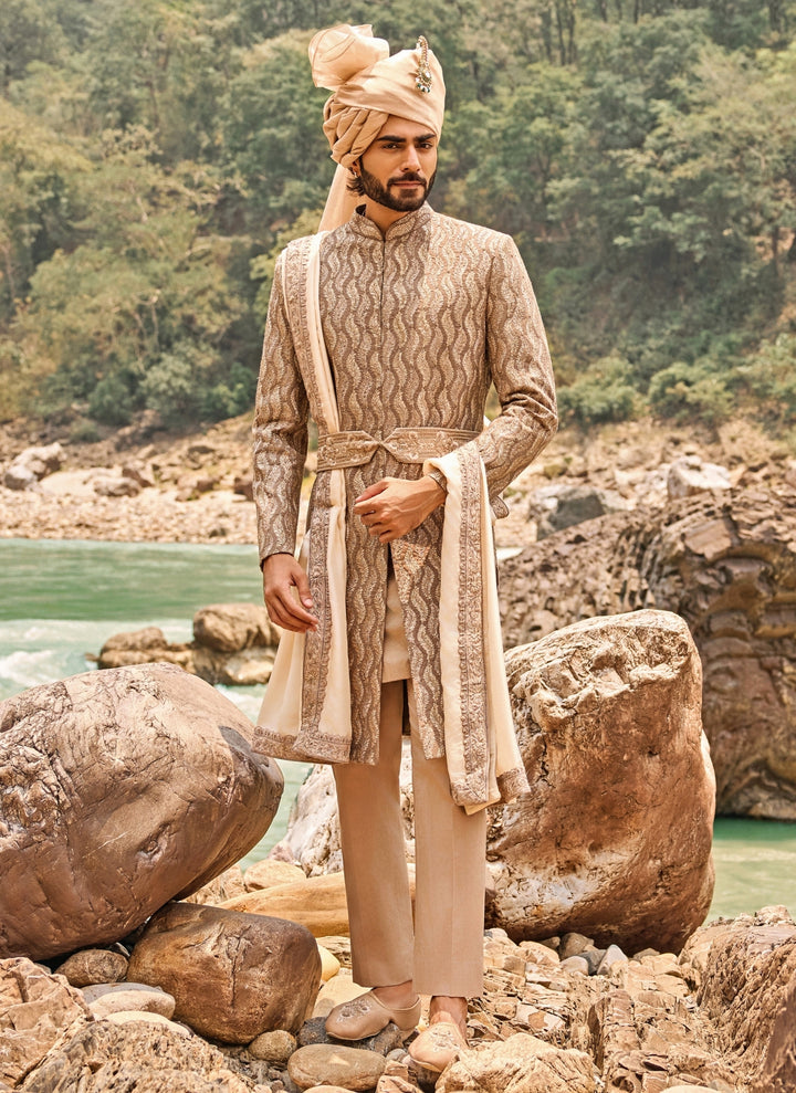 Coffee Brown Raw Silk Sherwani Set