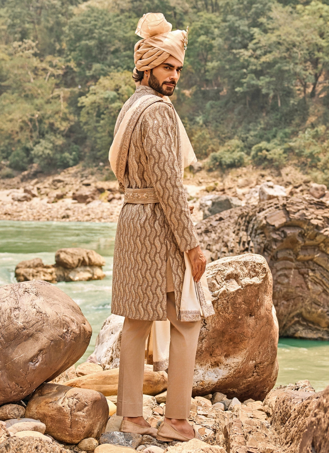 Coffee Brown Raw Silk Sherwani Set