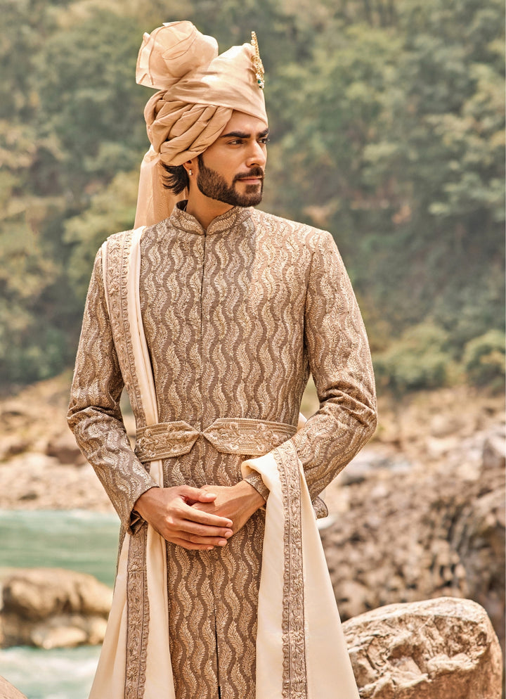 Coffee Brown Raw Silk Sherwani Set